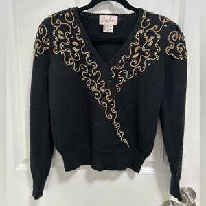 Vintage 70s 80s Black Faux Wrap Gold Embr. Silv Stud Sweater Jacklyn Smith Small